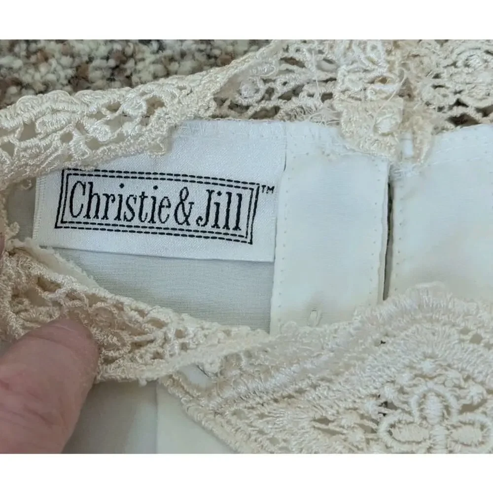 Vintage Christie & Jill Lace Blouse 14 Pleated Shirt Sleeve Cream Beige Dressy - Picture 6 of 10